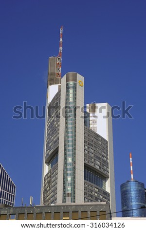 FRANKFURT,GERMANY- SEPT 11:skyscraper of COMMERZBANK on September 11,2015 in Frankfurt, Germany.Commerzbank AG is a German global banking and financial services company.
