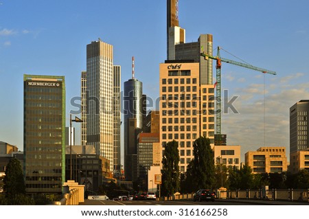 FRANKFURT,GERMANY-SEPT 11:Frankfurt\'s Skyline by Main River on September 11,2015 in Frankfurt,Germany. Frankfurt is the financial center of Germany. Frankfurt is the financial center of Germany.