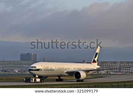 FRANKFURT,GERMANY-SEPT 24:airplane of Cathay Pacific in the Frankfurt airport on September 24,2015 in Frankfurt,Germany.Cathay Pacific  is the largest airline of Hong Kong.