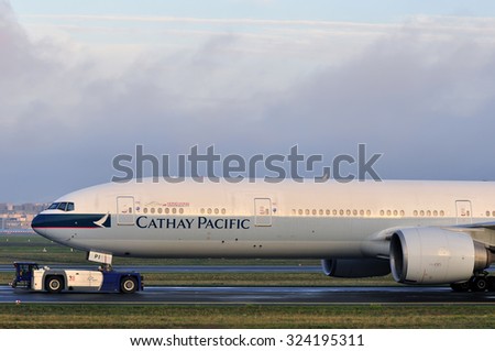 FRANKFURT,GERMANY-SEPT 24:airplane of Cathay Pacific in the Frankfurt airport on September 24,2015 in Frankfurt,Germany.Cathay Pacific is the largest airline of Hong Kong.