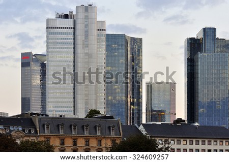 FRANKFURT,GERMANY-SEPT 11:Frankfurt\'s Skyline by Main River on September 11,2015 in Frankfurt,Germany. Frankfurt is the financial center of Germany. Frankfurt is the financial center of Germany.