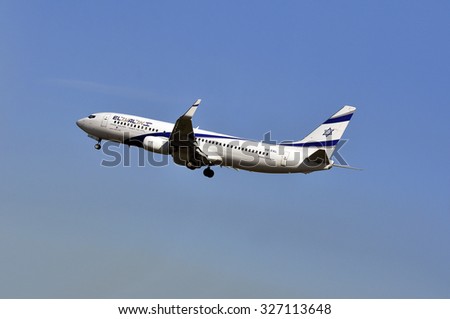 FRANKFURT,GERMANY-MAY 13:airplane of  Israel Airlines above the Frankfurt airport on May 13,2015 in Frankfurt,Germany.