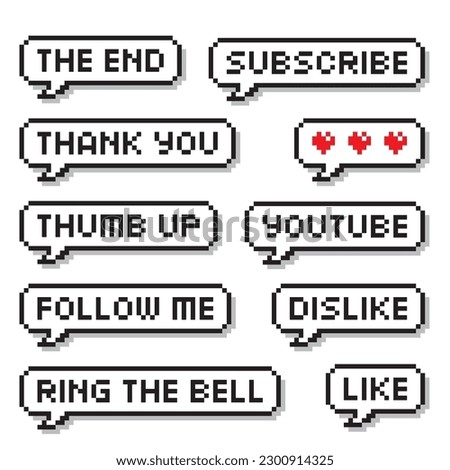Pixel art 8-bit retro game style speech bubbles set with text, thank you, follow me, like, heart, subscribe, isolated vector illustration on white background.