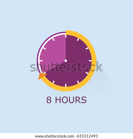 Timer icon with arrow vector illustration on light blue background. 8 hours.