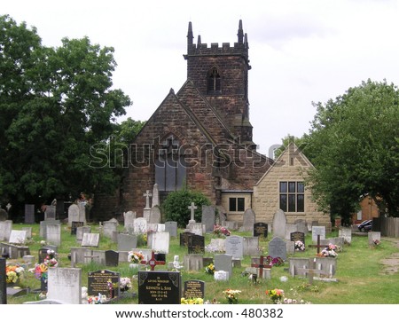 church and its church yard showing different types of headstones