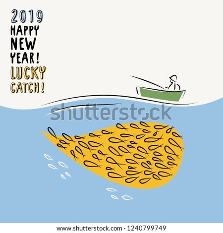 Happy new year and lucky catch. Greeting card holiday template with fisher and whale. Simple vector illustration.