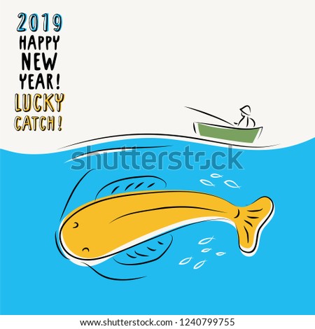 Happy new year and lucky catch. Greeting card holiday template with fisher and whale. Simple vector illustration.