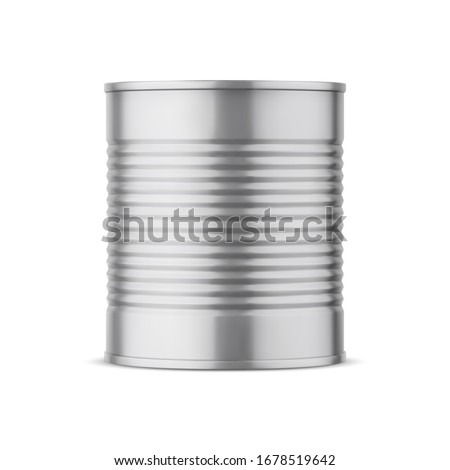 Tin can mockup. Blank metal food products container. Aluminum closed bank. Realistic 3d vector illustration isolated on white background