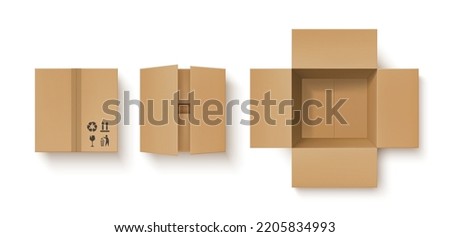 Cardboard packaging box mockup, Upper view template of open and closed carton delivery container. Realistic vector illustration isolated on white background. 