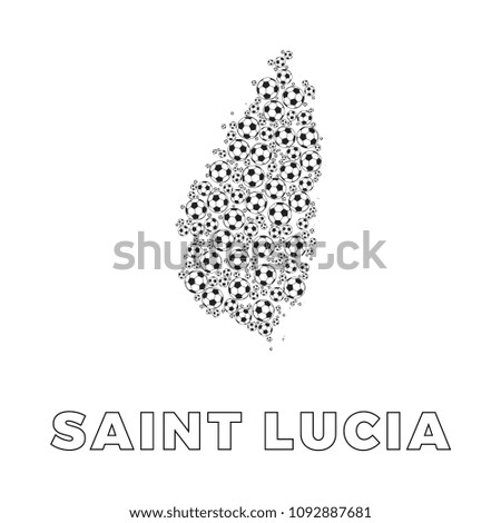 map of saint lucia filled with soccer balls of different sizes and name of country on white background