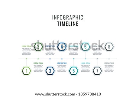 Eight steps horizontal timeline template infographic. Multicolor hexagonal elements with numbers and textboxes on a white background. Vector business data progress visualization. Eps 10