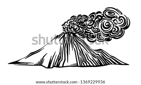 Hand drawn volcano eruption outline sketch. Vector black ink drawing isolated on white background. Graphic illustration.