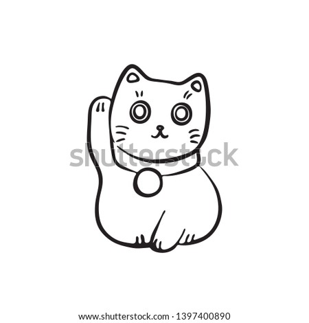 Hand drawn maneki neko. Vector black ink drawing isolated on white background. Graphic traditional Japan figurine illustration.