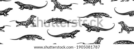 Seamless hand drawn komodo dragon outline sketch pattern. Endless vector black ink wild varanus drawing isolated on white background. Stylized graphic wild animal illustration of lizard.