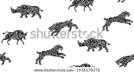 Seamless pattern of wild extinct animal vector illustration painted by ink, endless grunge painting of rhino, sabre-toothed tiger and bison. Black isolated ornate silhouette on white background.