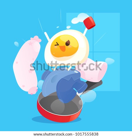 Happy fried egg wake up in the morning against blue background, Good morning, Vector illustration design.