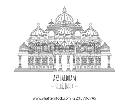 Hand drawn famous landmark vector of akshardham temple,Delhi, India,isolated vector illustration.Business Travel and Tourism Concept