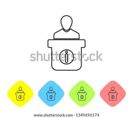 Grey Information desk line icon on white background. Man silhouette standing at information desk. Help person symbol. Information counter icon. Set icon in color rhombus buttons. Vector Illustration