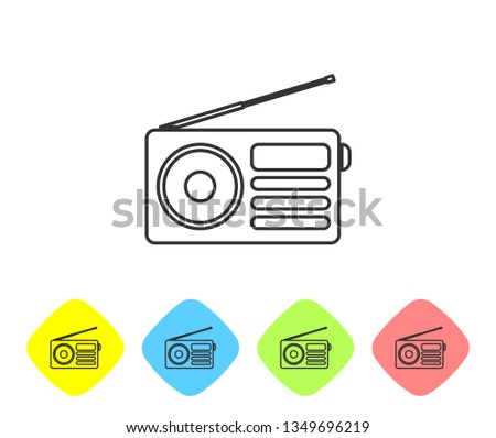 Grey Radio with antenna line icon isolated on white background. Set icon in color rhombus buttons. Vector Illustration