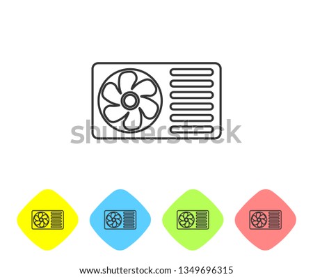 Grey Air conditioner with fresh air line icon on white background. Split system air conditioning sign. Cool and cold climate control system. Set icon in color rhombus buttons. Vector Illustration