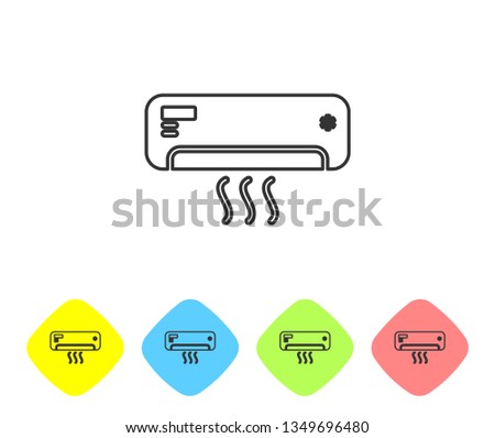Grey Air conditioner with fresh air line icon on white background. Split system air conditioning sign. Cool and cold climate control system. Set icon in color rhombus buttons. Vector Illustration