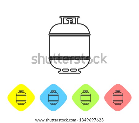 Grey Propane gas tank line icon isolated on white background. Flammable gas tank icon. Set icon in color rhombus buttons. Vector Illustration