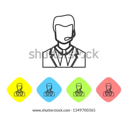 Grey Man with a headset line icon isolated on white background. Support operator in touch. Concept for call center, client support service. Set icon in color rhombus buttons. Vector Illustration