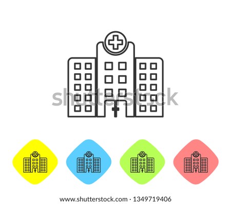 Grey Medical hospital building with cross line icon isolated on white background. Medical center. Health care. Set icon in color rhombus buttons. Vector Illustration