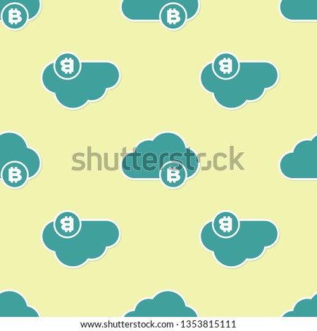 Green Cryptocurrency cloud mining icon isolated seamless pattern on yellow background. Blockchain technology, bitcoin, digital money market, cryptocoin wallet. Flat design. Vector Illustration