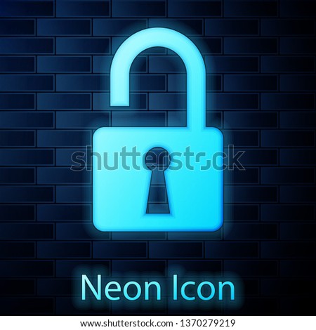 Glowing neon Open padlock icon isolated on brick wall background. Opened lock sign. Cyber security concept. Digital data protection. Safety safety. Vector Illustration