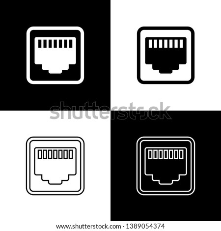 Set Network port - cable socket icons isolated on black and white background. LAN, ethernet port sign. Local area connector icon. Line, outline and linear icon. Vector Illustration
