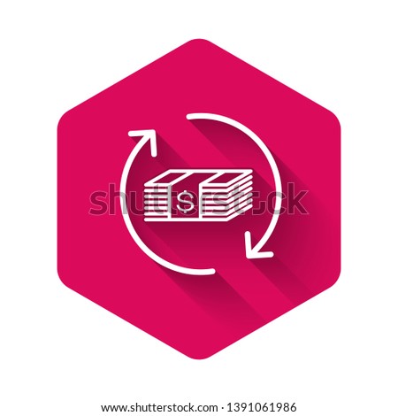 White Refund money icon isolated with long shadow. Financial services, cash back concept, money refund, return on investment, savings account. Pink hexagon button. Vector Illustration