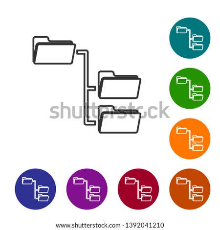 Grey Folder tree line icon isolated on white background. Computer network file folder organization structure flowchart. Set icon in color circle buttons. Vector Illustration