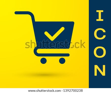 Blue Shopping cart with check mark icon isolated on yellow background. Supermarket basket with approved, confirm, done, tick, completed symbol. Vector Illustration