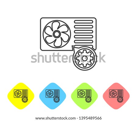 Grey Air conditioner and gear line icon on white background. Adjusting app, service concept, setting options, maintenance, repair, fixing. Set icon in color rhombus buttons. Vector Illustration