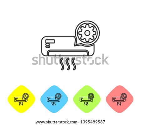 Grey Air conditioner and gear line icon on white background. Adjusting app, service concept, setting options, maintenance, repair, fixing. Set icon in color rhombus buttons. Vector Illustration