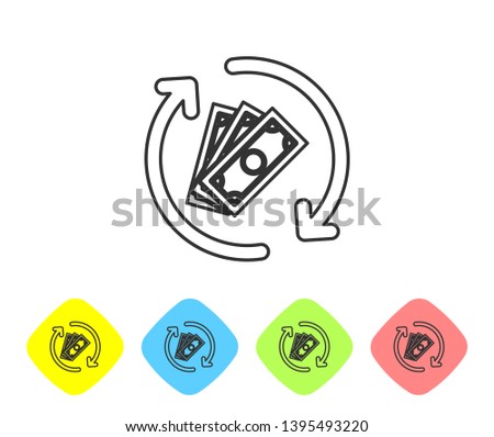 Grey Refund money line icon on white background. Financial services, cash back concept, money refund, return on investment, savings account. Set icon in color rhombus buttons. Vector Illustration