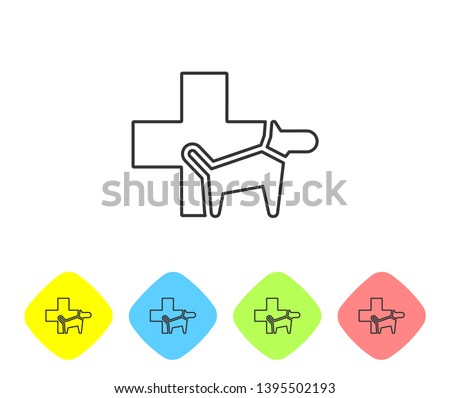 Grey Veterinary clinic symbol line icon isolated on white background. Cross with dog veterinary care. Pet First Aid sign. Set icon in color rhombus buttons. Vector Illustration