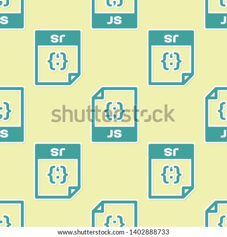 Green JS file document icon. Download js button icon isolated seamless pattern on yellow background. JS file symbol. Vector Illustration