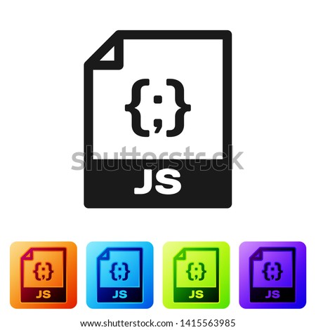 Black JS file document icon. Download js button icon isolated on white background. JS file symbol. Set icon in color square buttons. Vector Illustration
