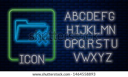 Glowing neon Delete folder icon isolated on brick wall background. Folder with recycle bin. Delete or error folder. Close computer information folder. Neon light alphabet. Vector Illustration