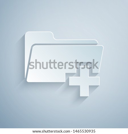 Paper cut Add new folder icon isolated on grey background. New folder file sign. Copy document icon. Add attach create folder make new plus icon. Paper art style. Vector Illustration