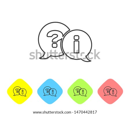 Grey line Speech bubbles with Question and Exclamation icon isolated on white background. FAQ sign. Copy files, chat speech bubble and chart. Set icon in color rhombus buttons. Vector Illustration
