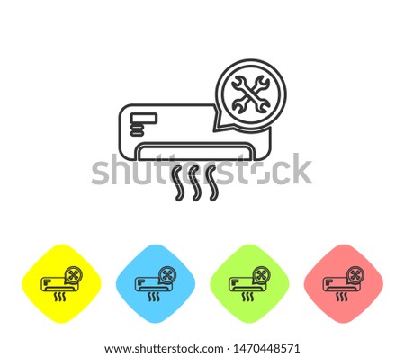 Grey line Air conditioner with screwdriver and wrench icon  on white background. Adjusting, service, setting, maintenance, repair, fixing. Set icon in color rhombus buttons. Vector Illustration
