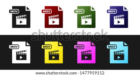 Set MOV file document. Download mov button icon isolated on black and white background. MOV file symbol. Audio and video collection.  Vector Illustration