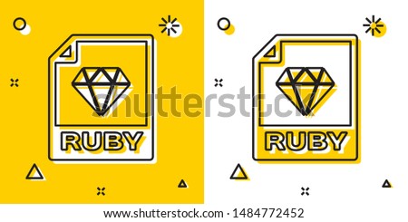 Black RUBY file document. Download ruby button icon isolated on yellow and white background. RUBY file symbol. Random dynamic shapes. Vector Illustration