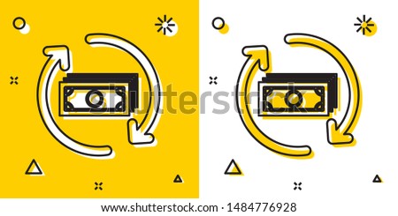 Black Refund money icon isolated on yellow and white background. Financial services, cash back concept, money refund, return on investment, savings account. Random dynamic shapes. Vector Illustration