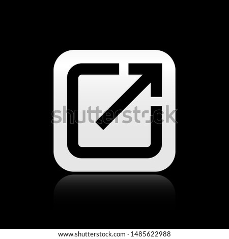 Black Open in new window icon isolated on black background. Open another tab button sign. Browser frame symbol. External link sign. Silver square button. Vector Illustration