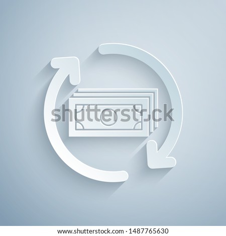 Paper cut Refund money icon isolated on grey background. Financial services, cash back concept, money refund, return on investment, savings account. Paper art style. Vector Illustration