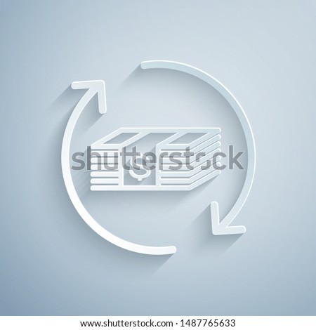 Paper cut Refund money icon isolated on grey background. Financial services, cash back concept, money refund, return on investment, savings account. Paper art style. Vector Illustration